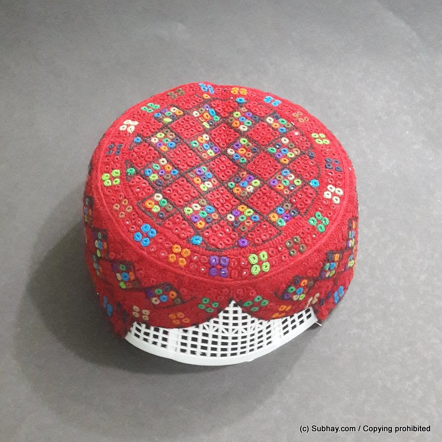 Red & Multi Color Saeedabad Yaqoobi Zardari Cap or Topi MKC-646